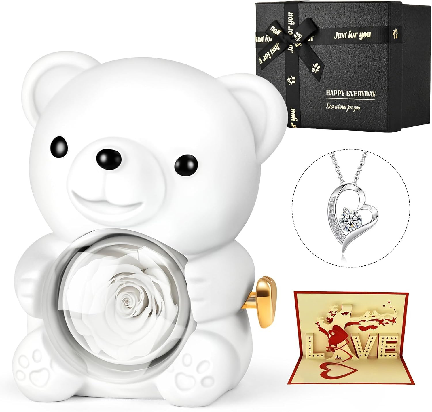 White Teddy Bear Preserved Real Rose Necklace Jewelry Box Gift for Her Valentine