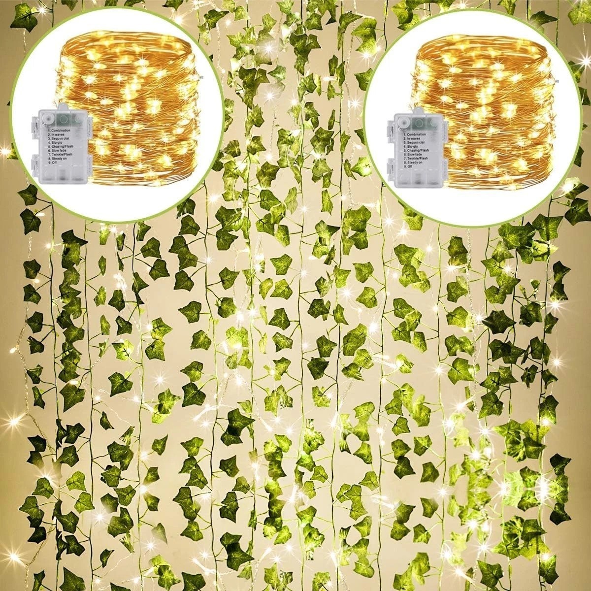 Outdoor Waterproof Ivy Garland 82-Inch with 160 Warm White LED Lights – 24 Pack