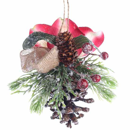 Set of 4 Sparkling Pine Cone 5″ Ornaments with Flower Accent & Burlap Bow