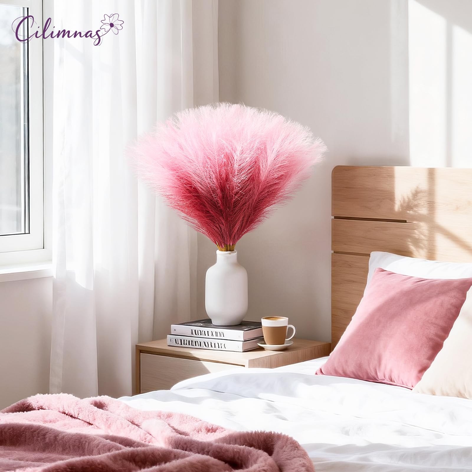 Faux Pampas Grass Fluffy Decor Short Pompos Centerpieces Red 17.7 In 50 PCS