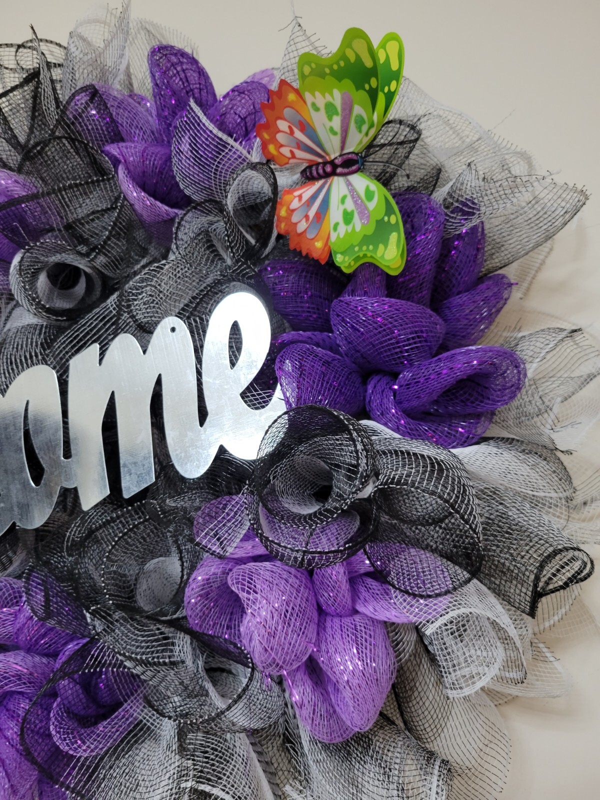 HOME black purple white Spring Summer Fall Wreath bunny Mesh Front Door Decor