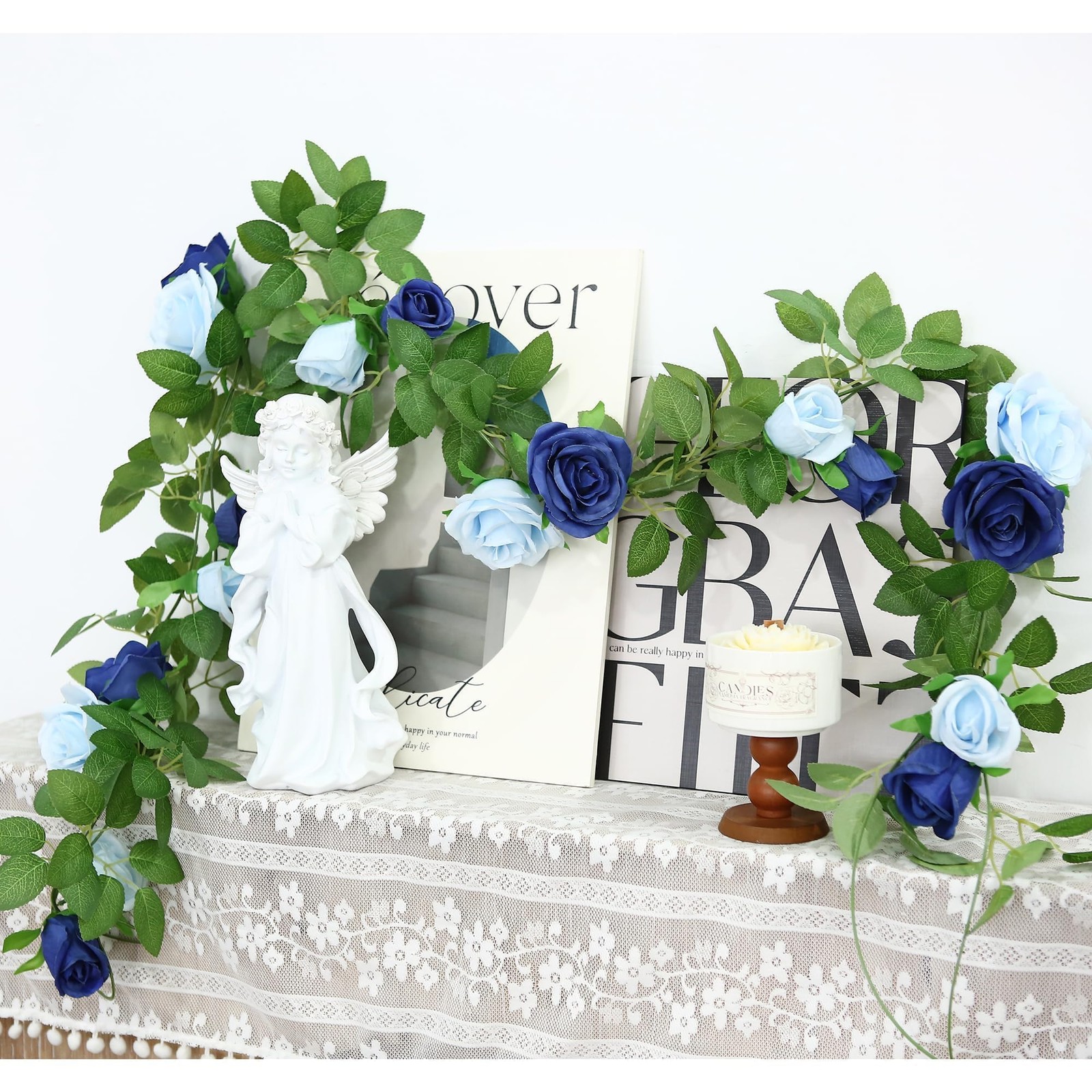 2Pack Mixed Blue Artificial Rose Flower Garland 13FT Fake Rose Vine for Table…