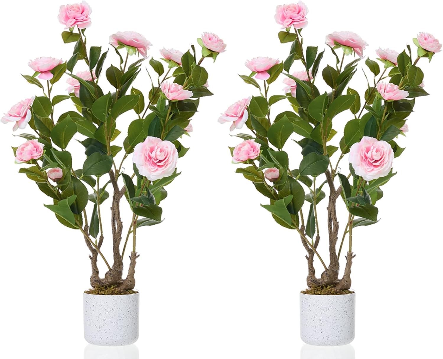 2.5FT Artificial Camellia Trees 2 Pack,Faux Pink Flower Plants Full Leaves&Bloom