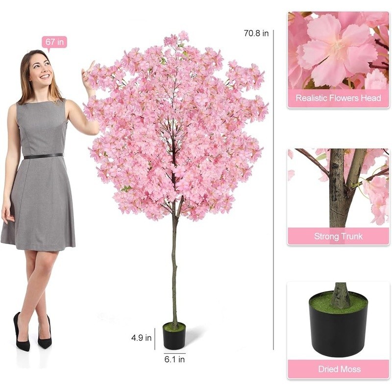 6Ft Cherry Blossom Artificial Tree Fake Pink Cherry Blossom Decorative Plant