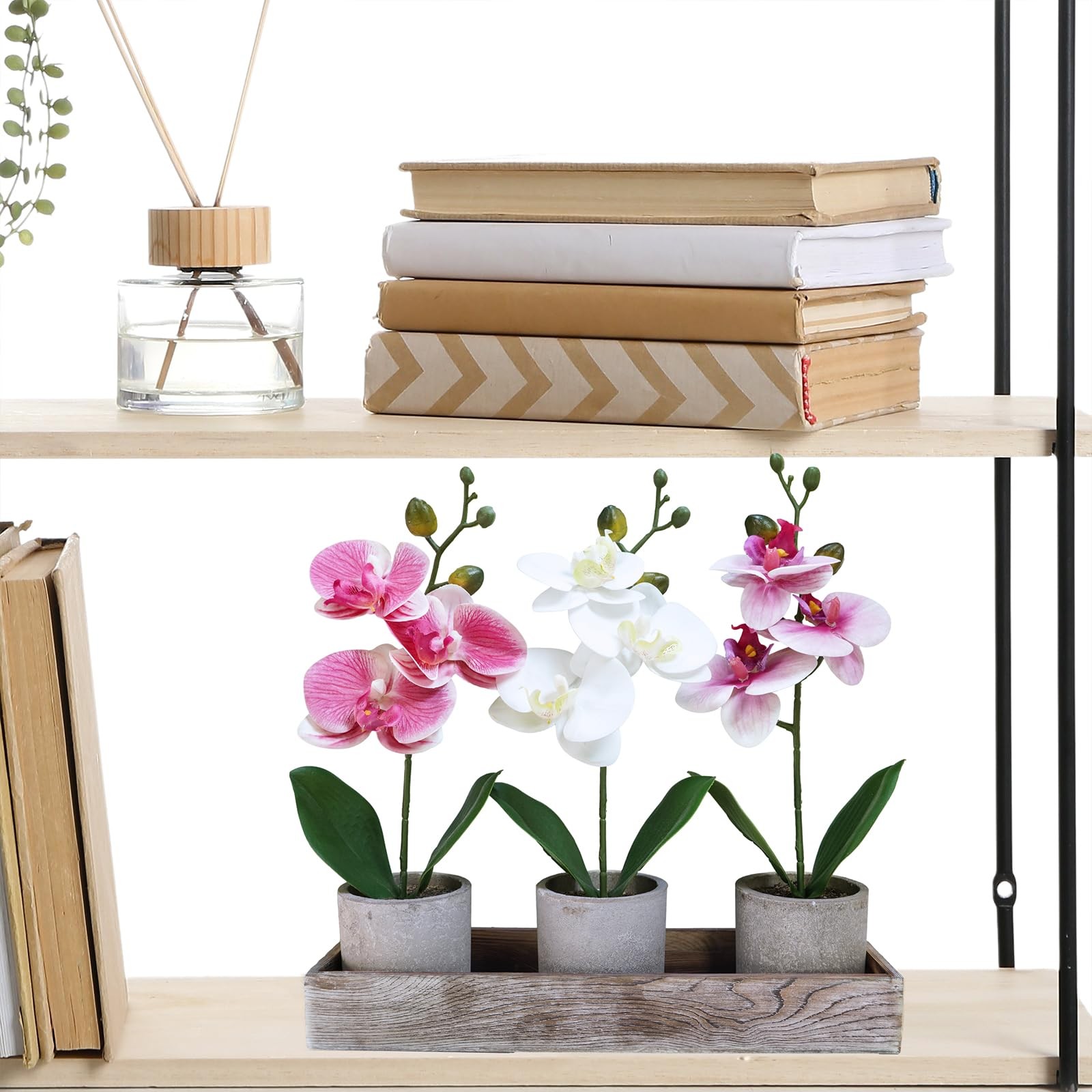 3 Pack Small Artificial Orchid Potted Plants, Rustic Wood Planter Box, Faux