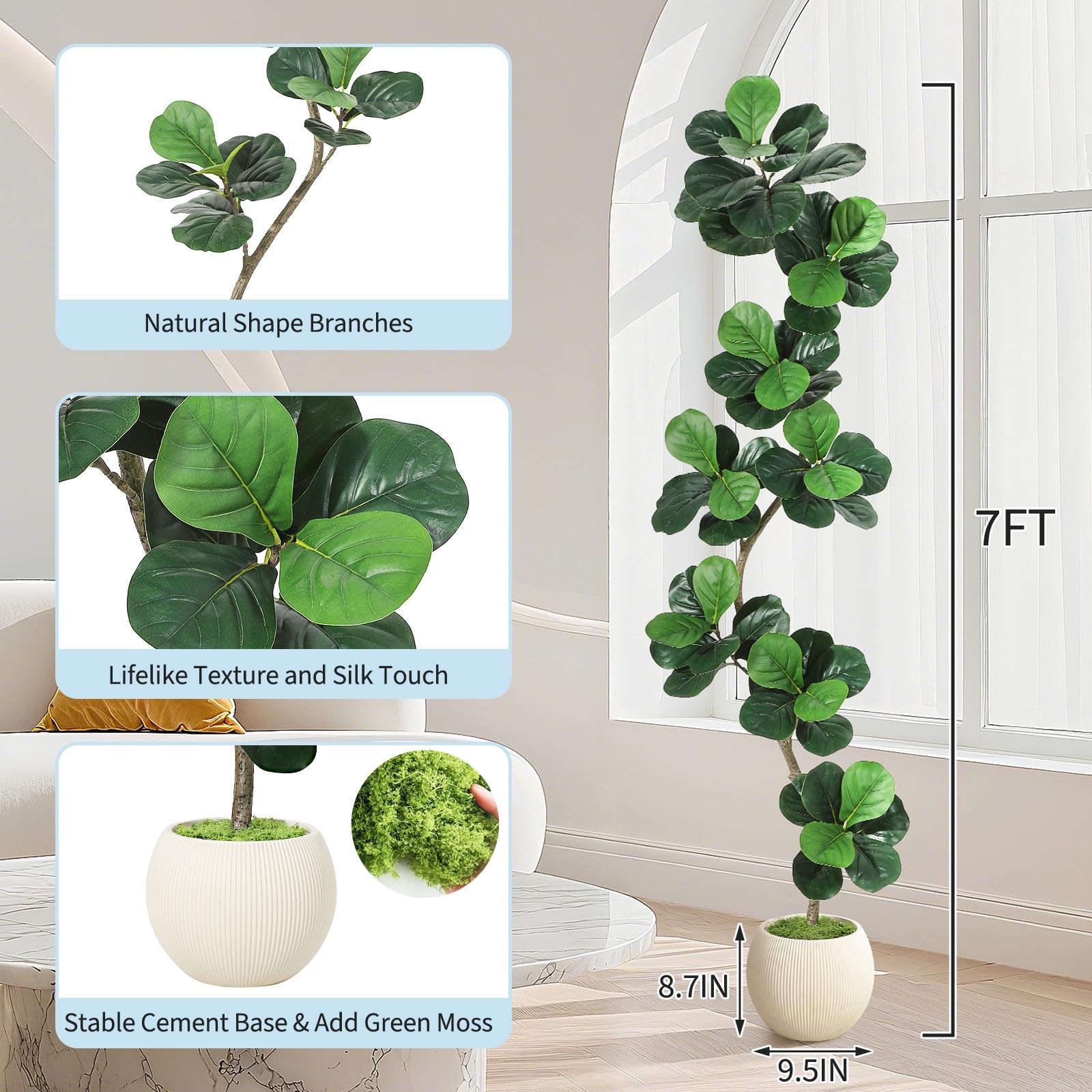 Fiddle Leaf Fig Artificial Tree with White Planter,7 ft Faux Plants Indoor wi…