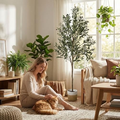 6ft Dense Leaves Artificial Olive Tree with Woven Basket – Realistic 5ft 11in