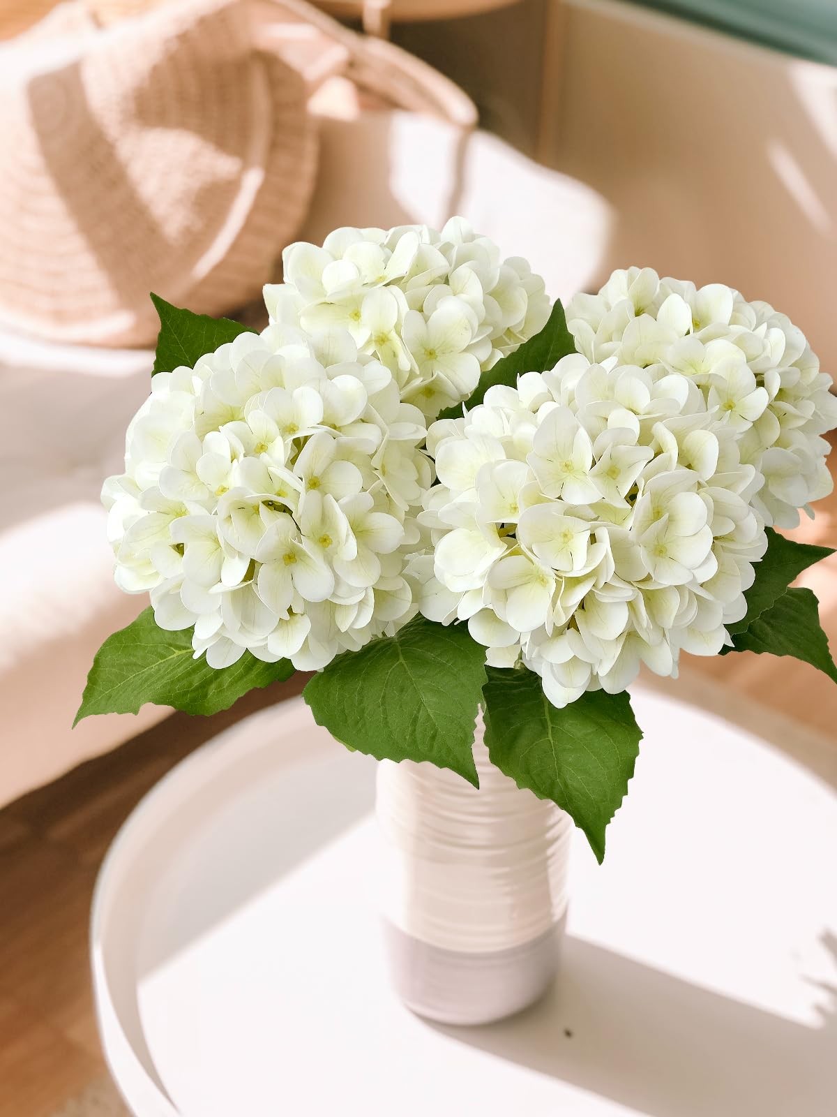 White Silk Hydrangea Artificial Flowers Large Heads With Long Stems Green Leaves