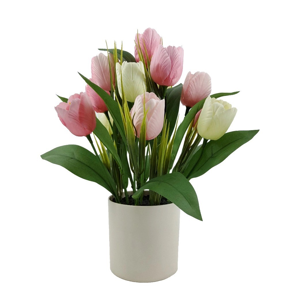 Artificial Pink Tulip Flowers in Plastic Pot Indoor Home Decor 15.5 Inch