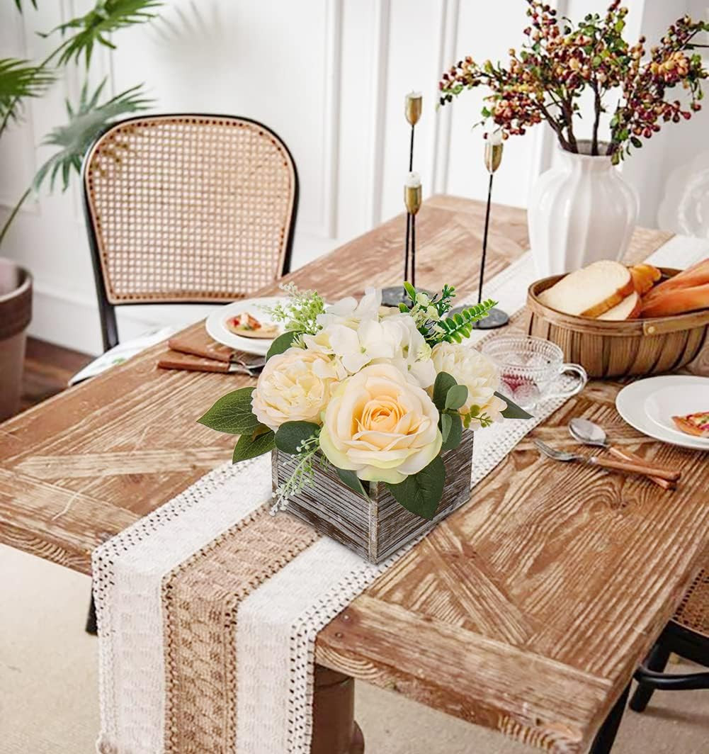 Flower Arrangement with Wooden Vase 8″ Artificial Flowers in Pot – Fake Flowers