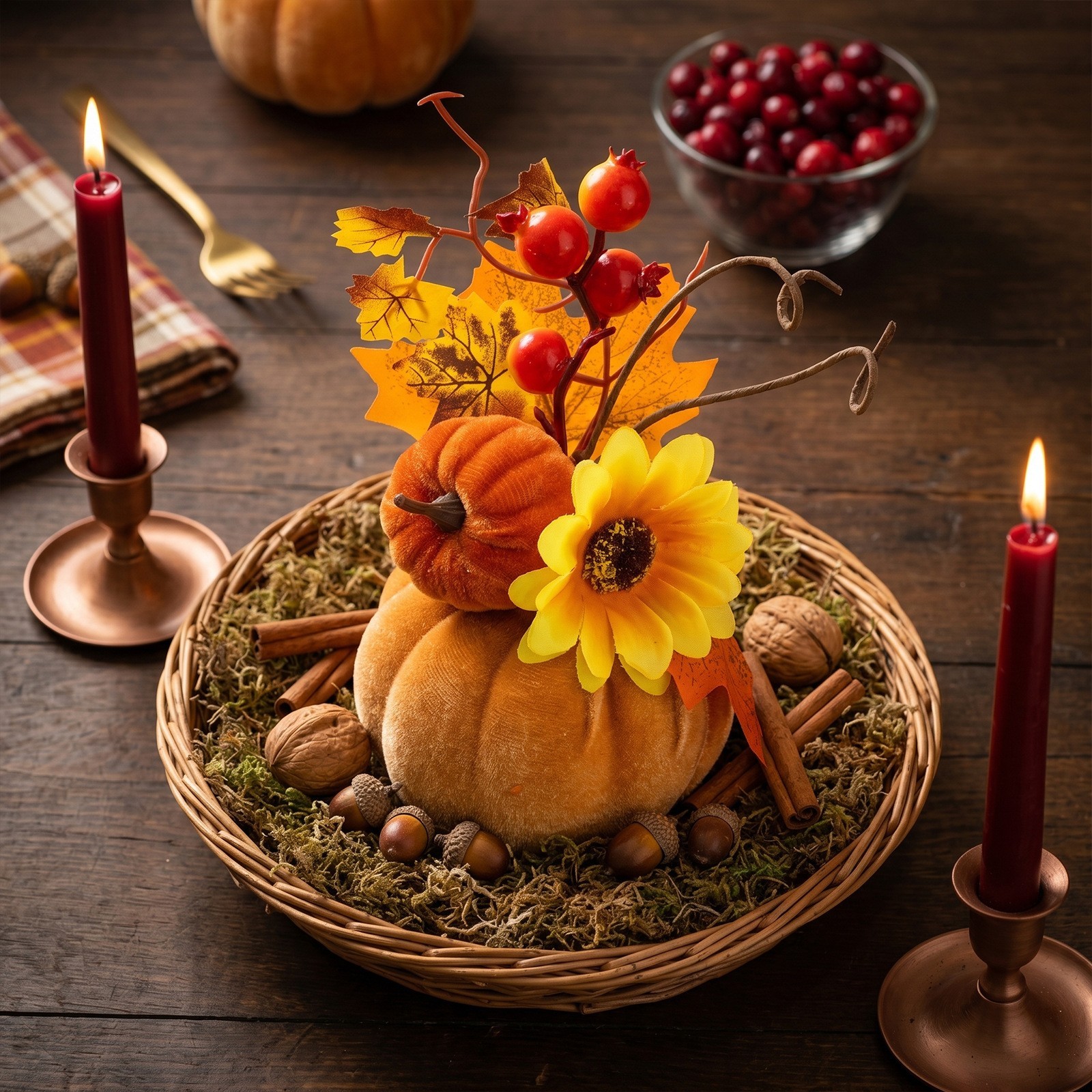 7.87in Autumn Flocked Pumpkin Decor with Sunflowers and Plastic Berries