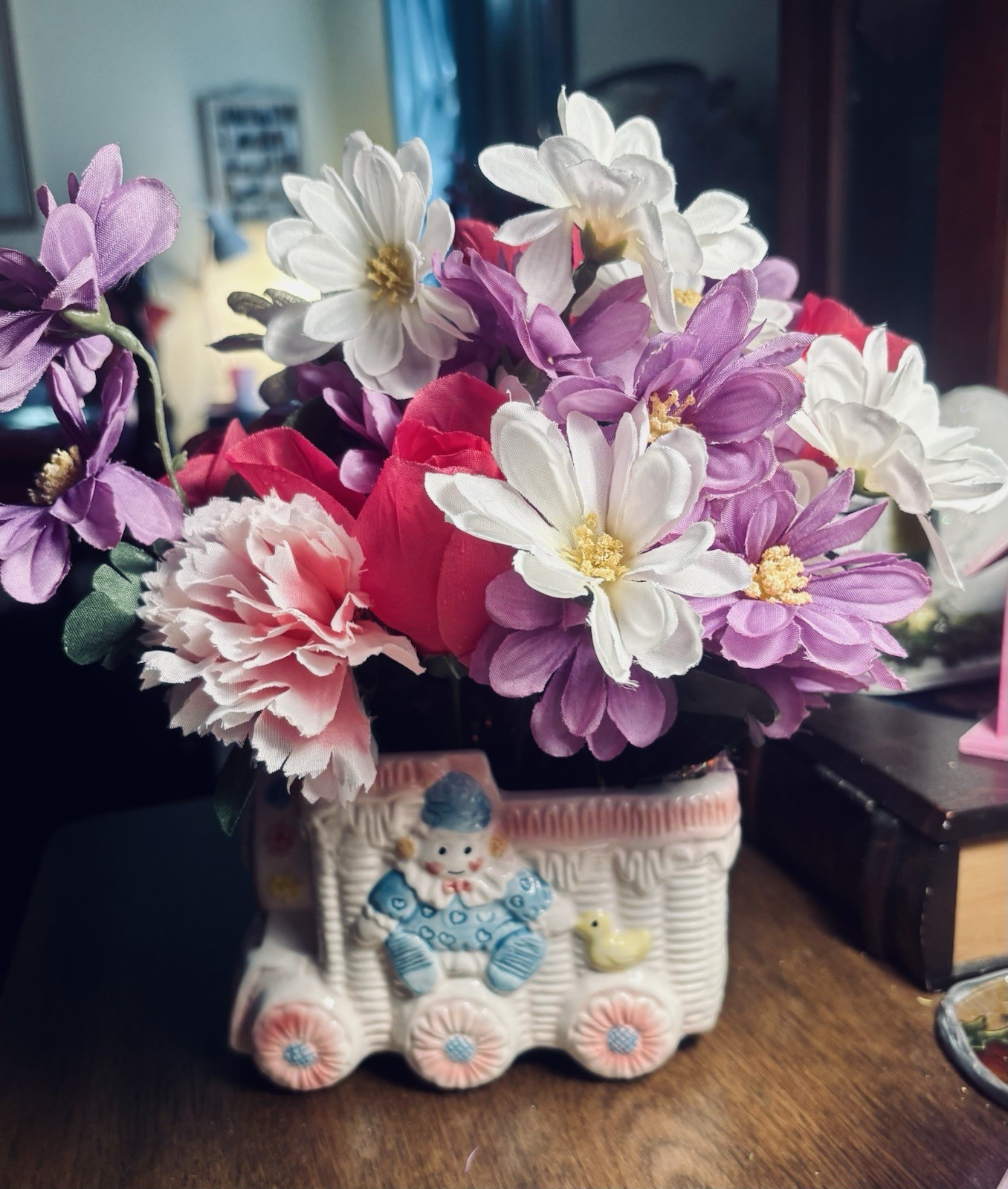 Baby shower floral arrangement decor With Cute Retro Clown Train Car Vase