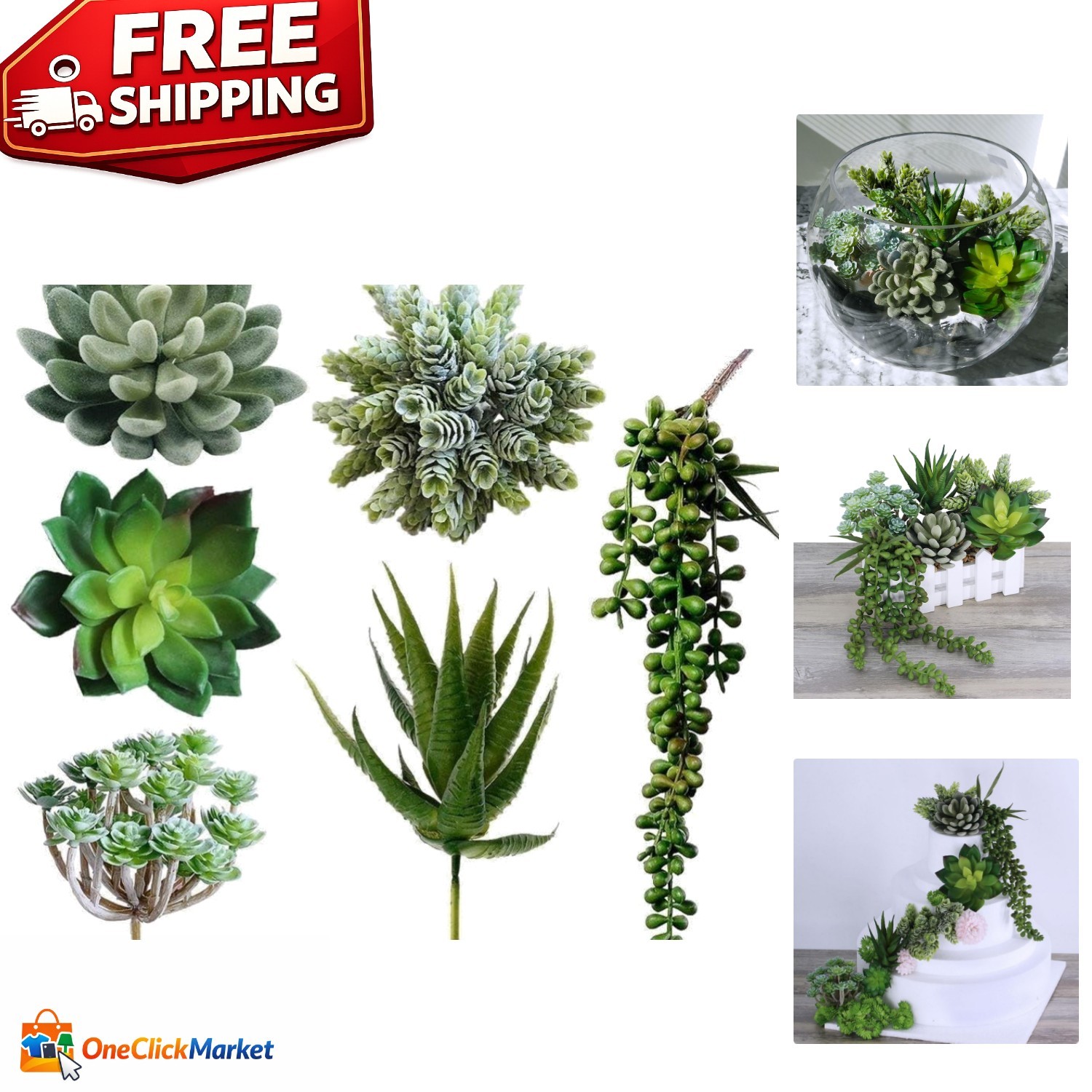 6 Pcs Assorted Faux Succulents – Lifelike Green Decor for Weddings & Events