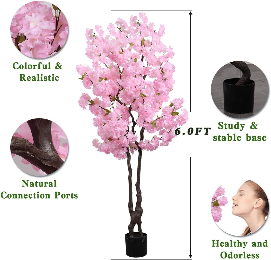 6FT Artificial Pink Cherry Blossom Tree – Faux Floral Decor for Home & Garden