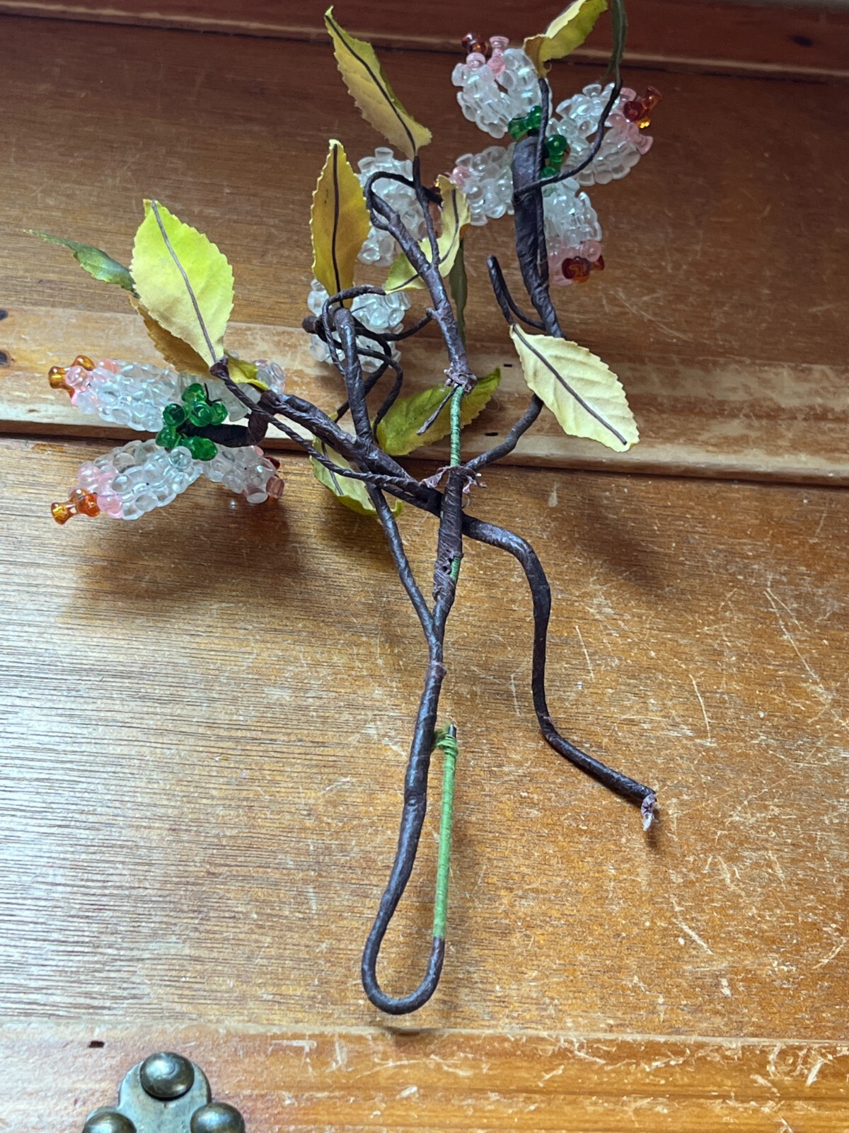 Hand Made Clear Pink & Orange Plastic Flowers w Green Silk Leaves –