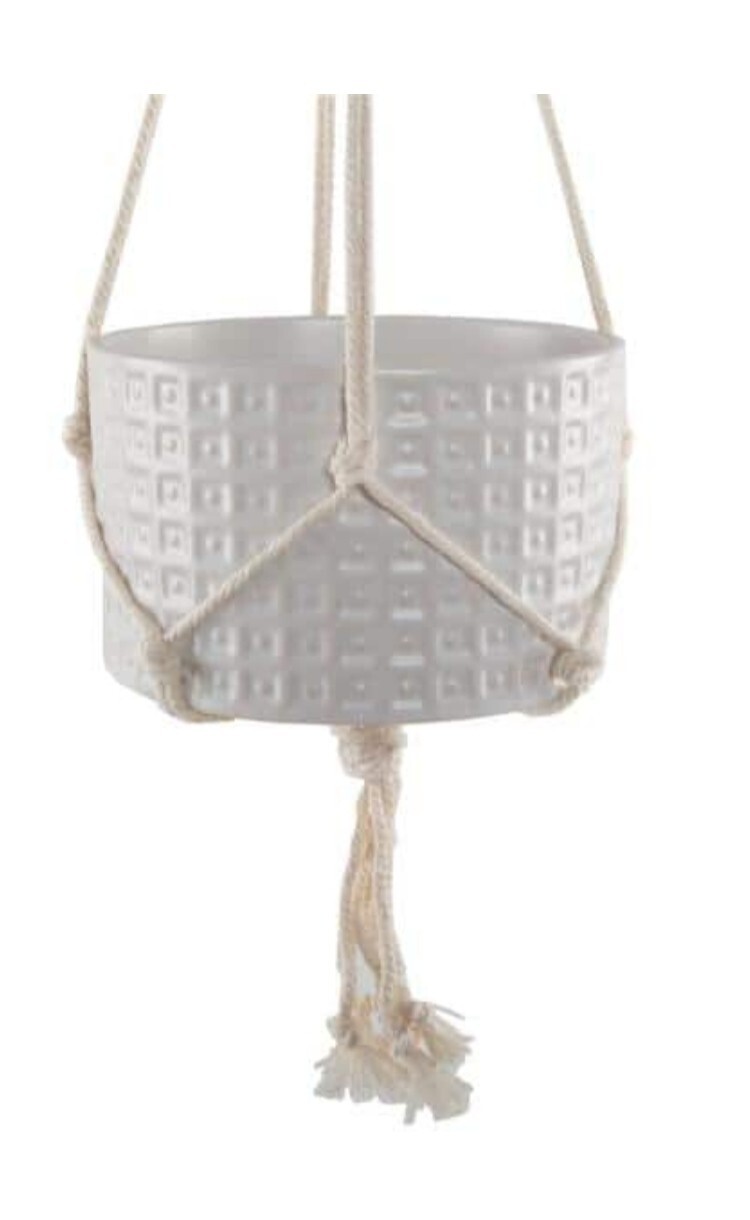 5 in. Matte White Ceramic Macrame Hanging Planter