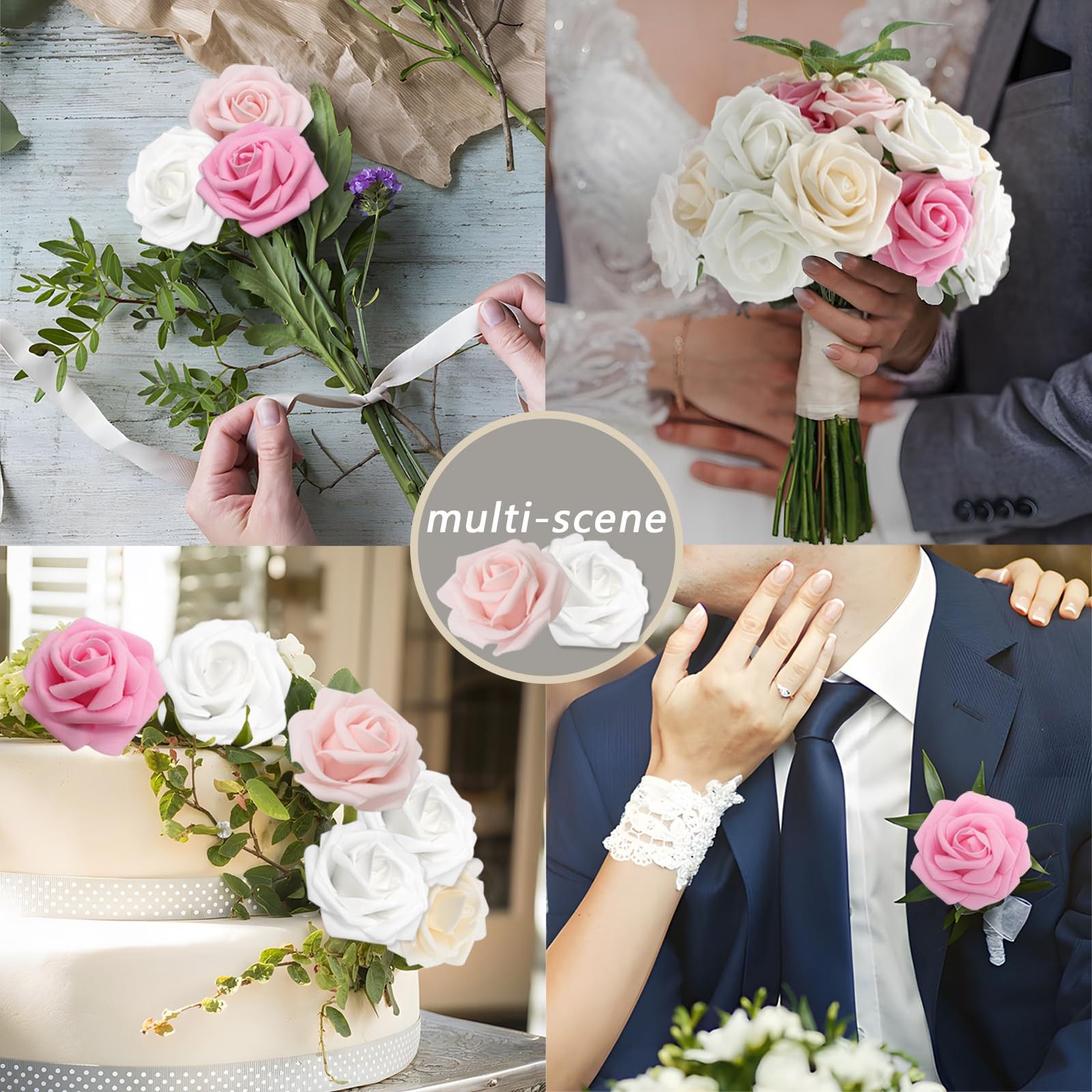100 PCS Pink Artificial Flowers Roses Foam Fake Leaves Wedding Bridal Party