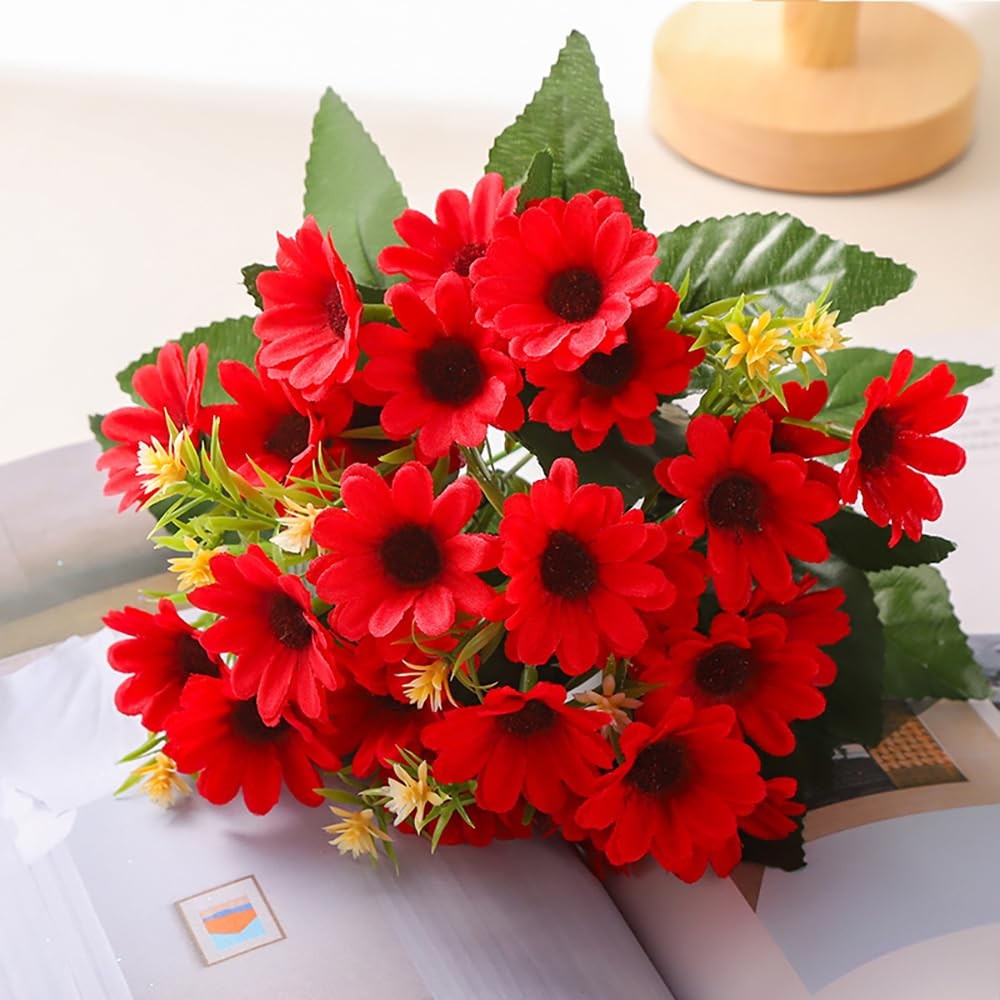 5 PCS Real Touch Artificial Daisy Flowers Fake Bouquet Red Wedding Decor