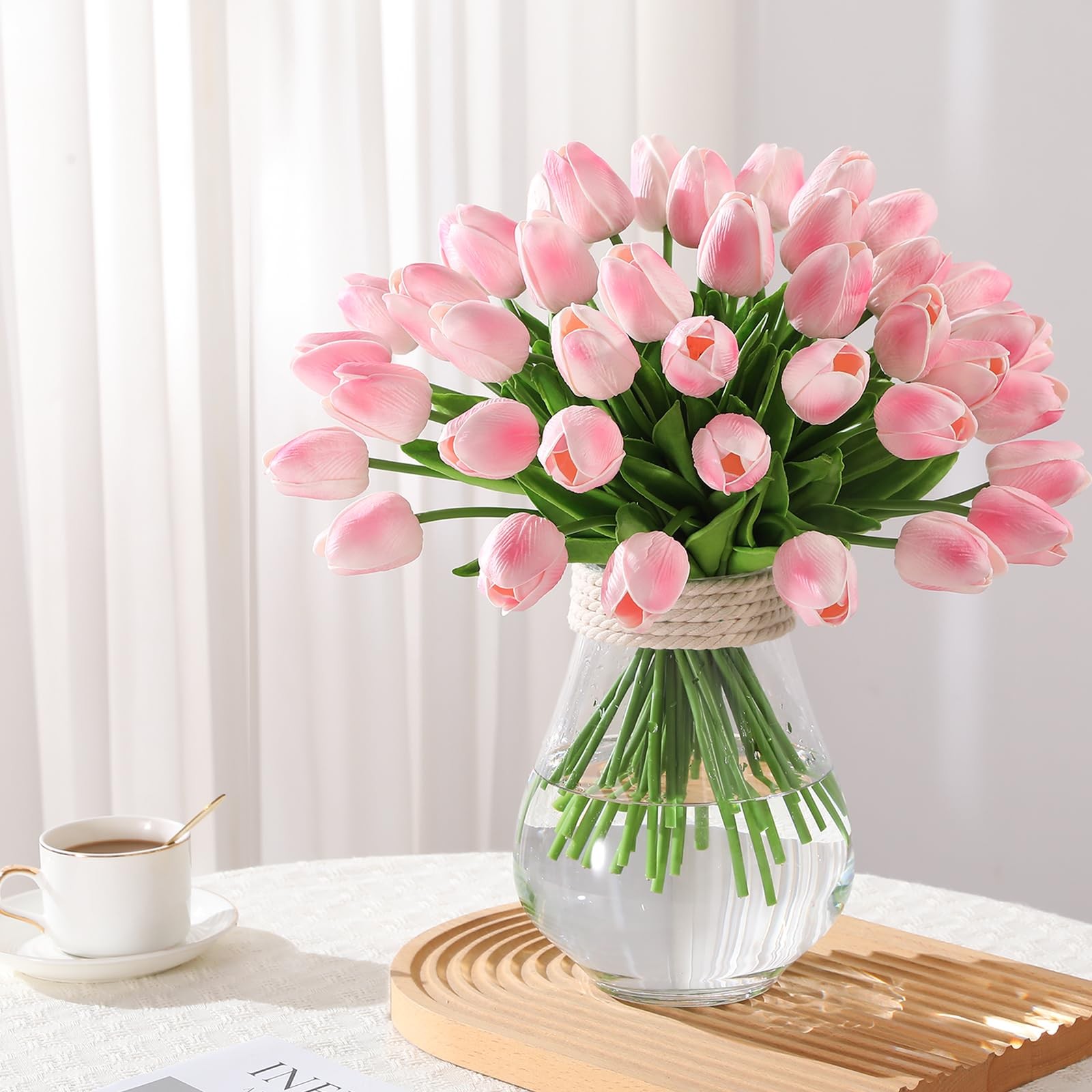 30 PCS Pink Artificial Tulips PU Faux Flowers Real Touch Spring Home Wedding