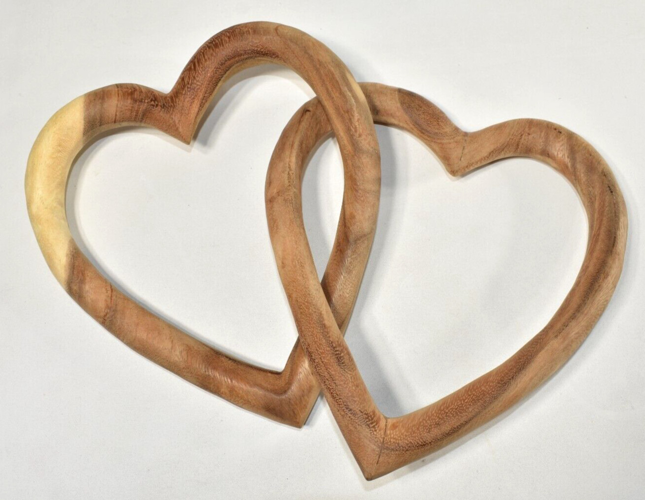 2 Linked Interlocking Hearts Acacia Wood 10″ Home Decor Wedding Valentine’s Day