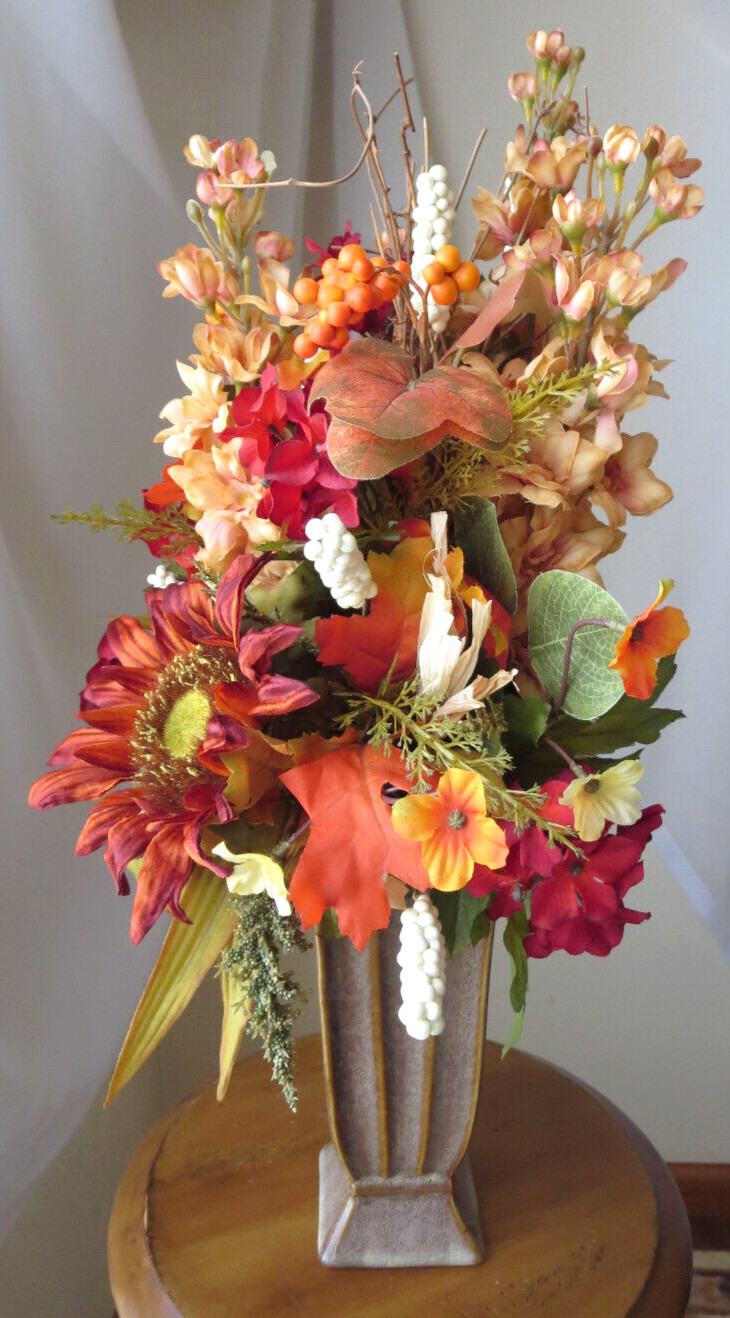 FLORAL FALL ARRANGEMENT IN VASE ARTIFICIAL SILK/PLASTIC FLOWERS 21″x13″ NEW