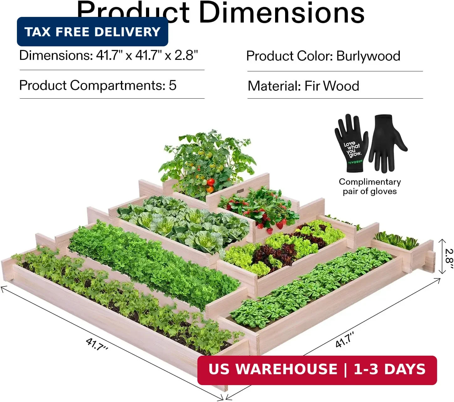 VIVOSUN 5-Tier Wooden Raised Garden Bed, 42 x 42 x 14 Inches, Outdoor Wood Plant