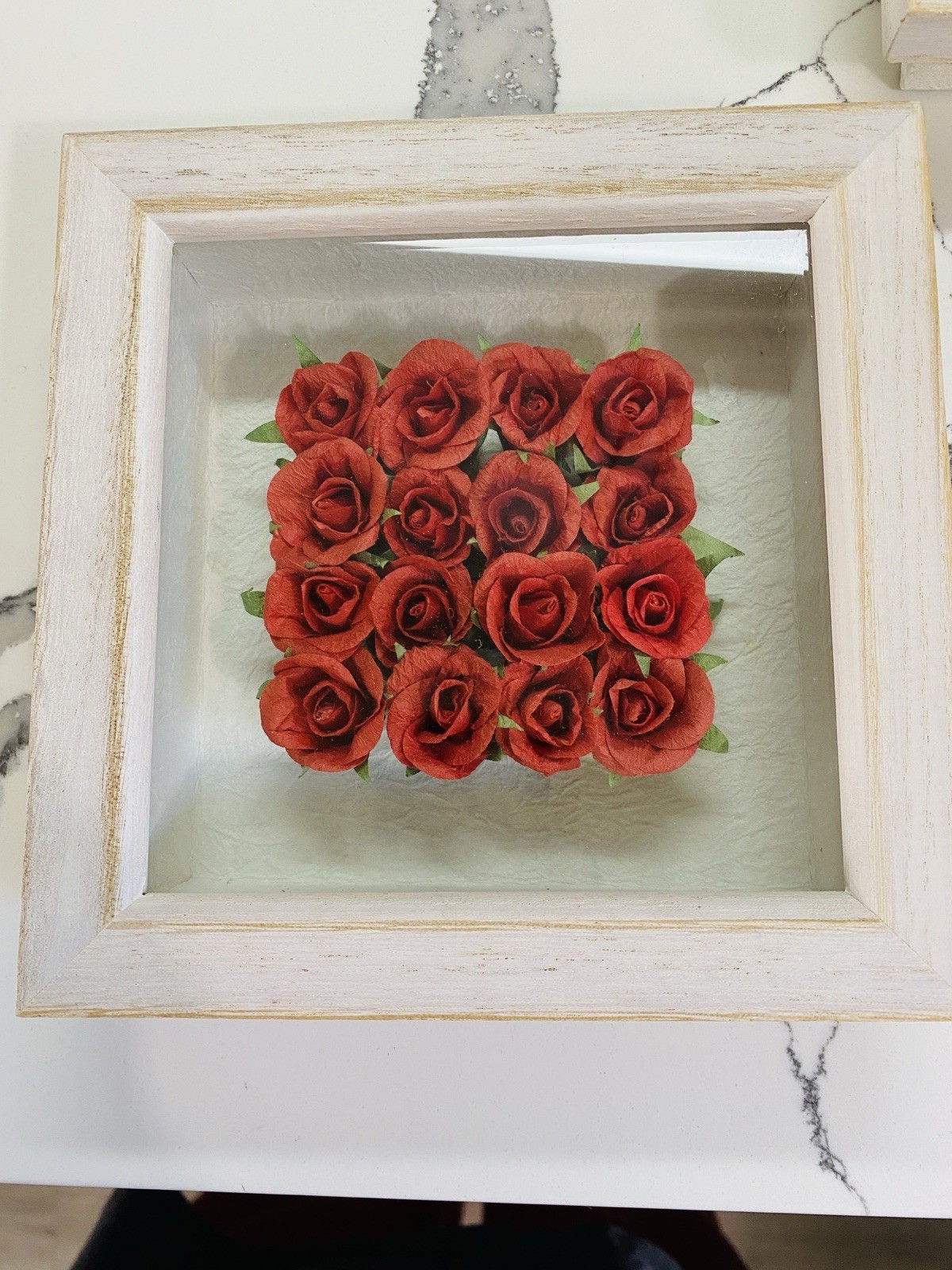 Set of 2 Shadow Box Wall Decor White Frames with Artificial Paper Red Roses