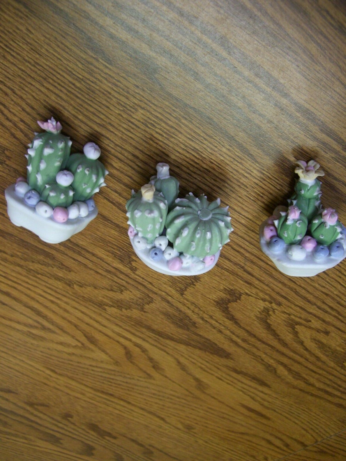 3 Cactus Plants//Small Multi-color Pastel Ceramic Floral Figurines