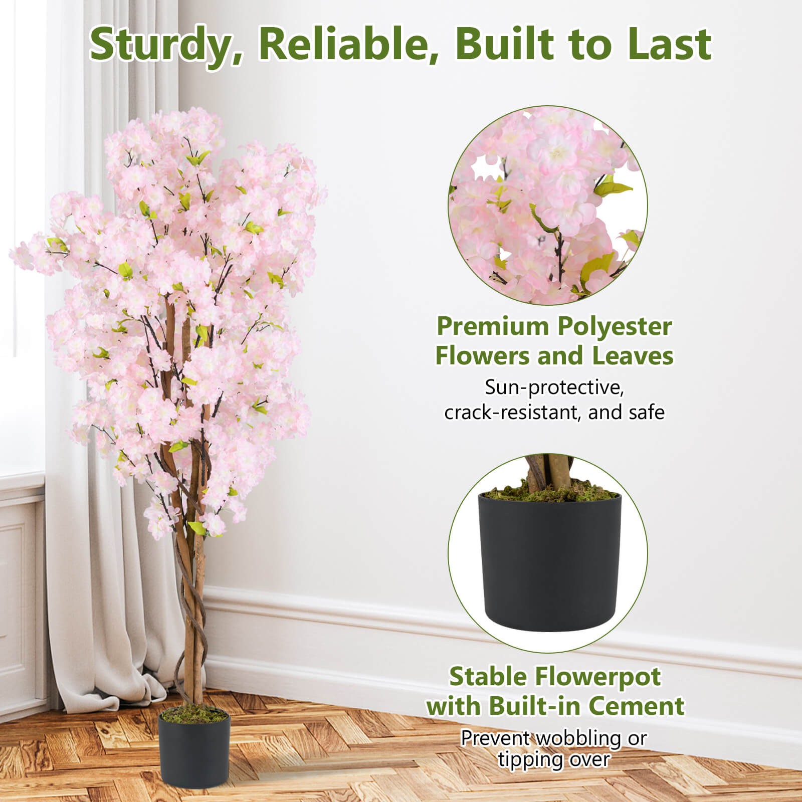 5′ Tall Artificial Cherry Blossom Tree Faux Flower Plant in Nursery Pot