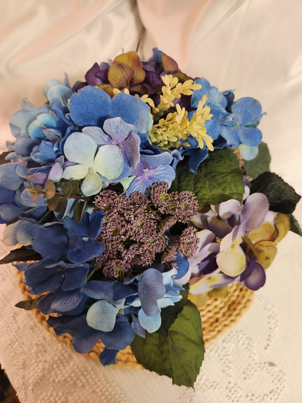 Hydrangea Floral Arrangement In Pedestal Urn Blues, Purples, Greens
