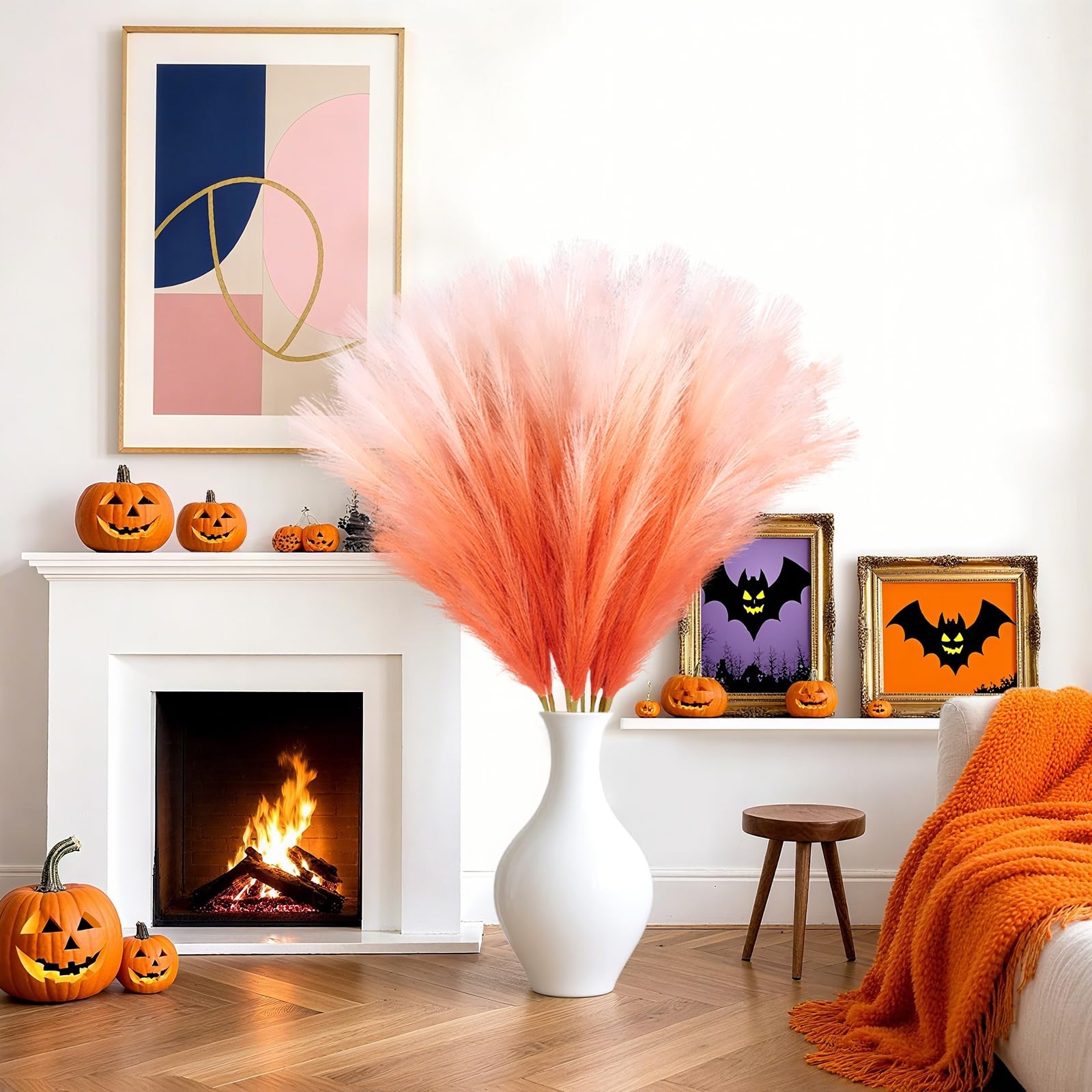 8Pcs Orange Faux Pampas Grass Tall Decor, 35.4” Fluffy Artificial Pompous Gra…