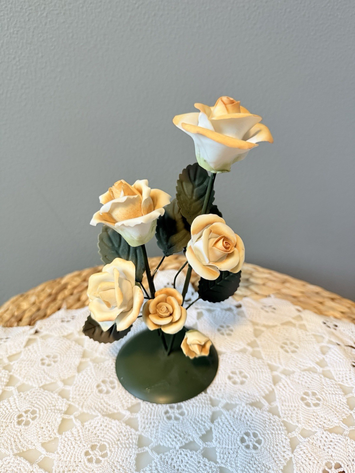 Porcelain Rose Flower Arrangement Metal Base 10” Peach Floral Home Decor