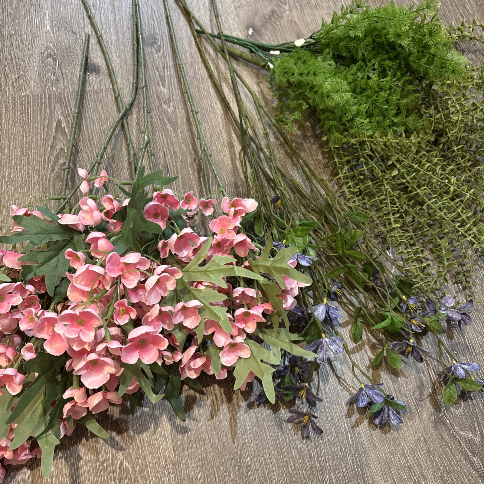Lot New Artificial Quality Flowers Foliages, Pink Purple flowers Cottage