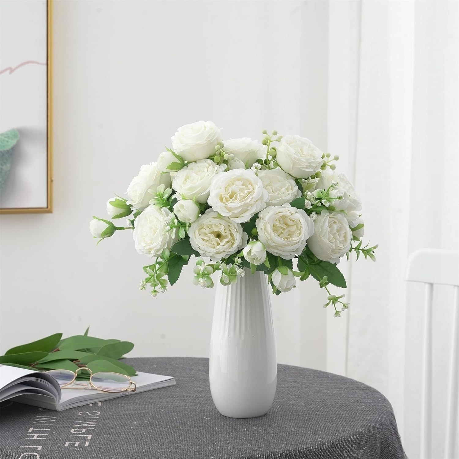 2PK Silk Peonies Artificial Flowers Fake White Bouquet Wedding Decor Centerpiece