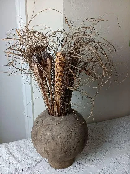 Rustic Decorative Stone Vase Centerpiece Dried Reeds Floral Bouquet