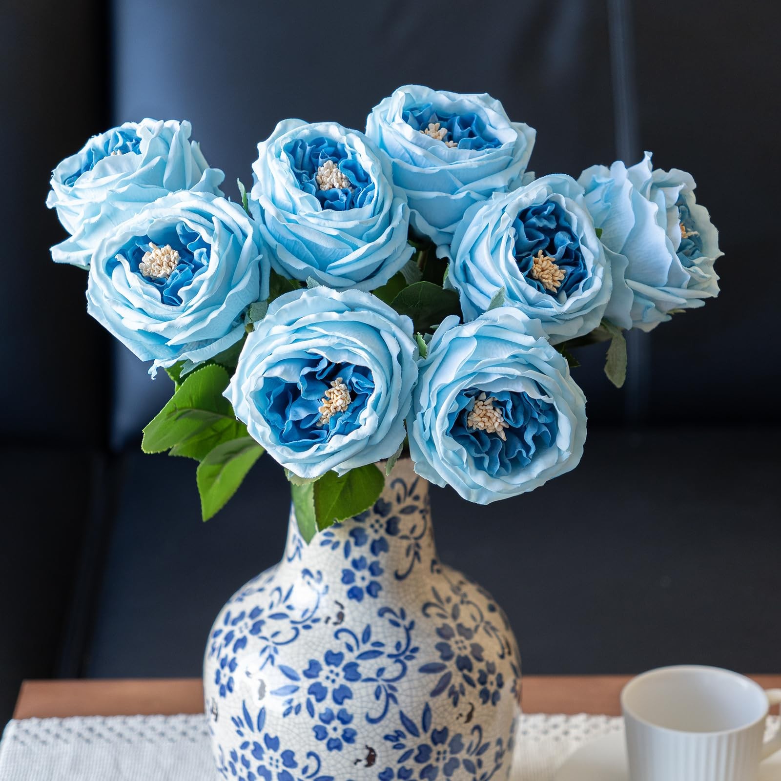 4-PCS Deep Blue Artificial Austin Rose Peony Real Touch Latex Flowers