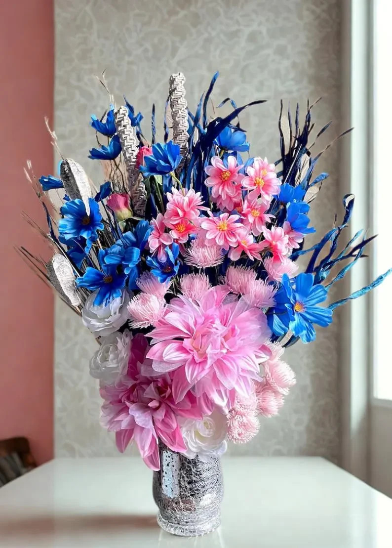 Blue & Pink Centerpiece Modern Chic Living Dining Room Decor Bedroom Accent