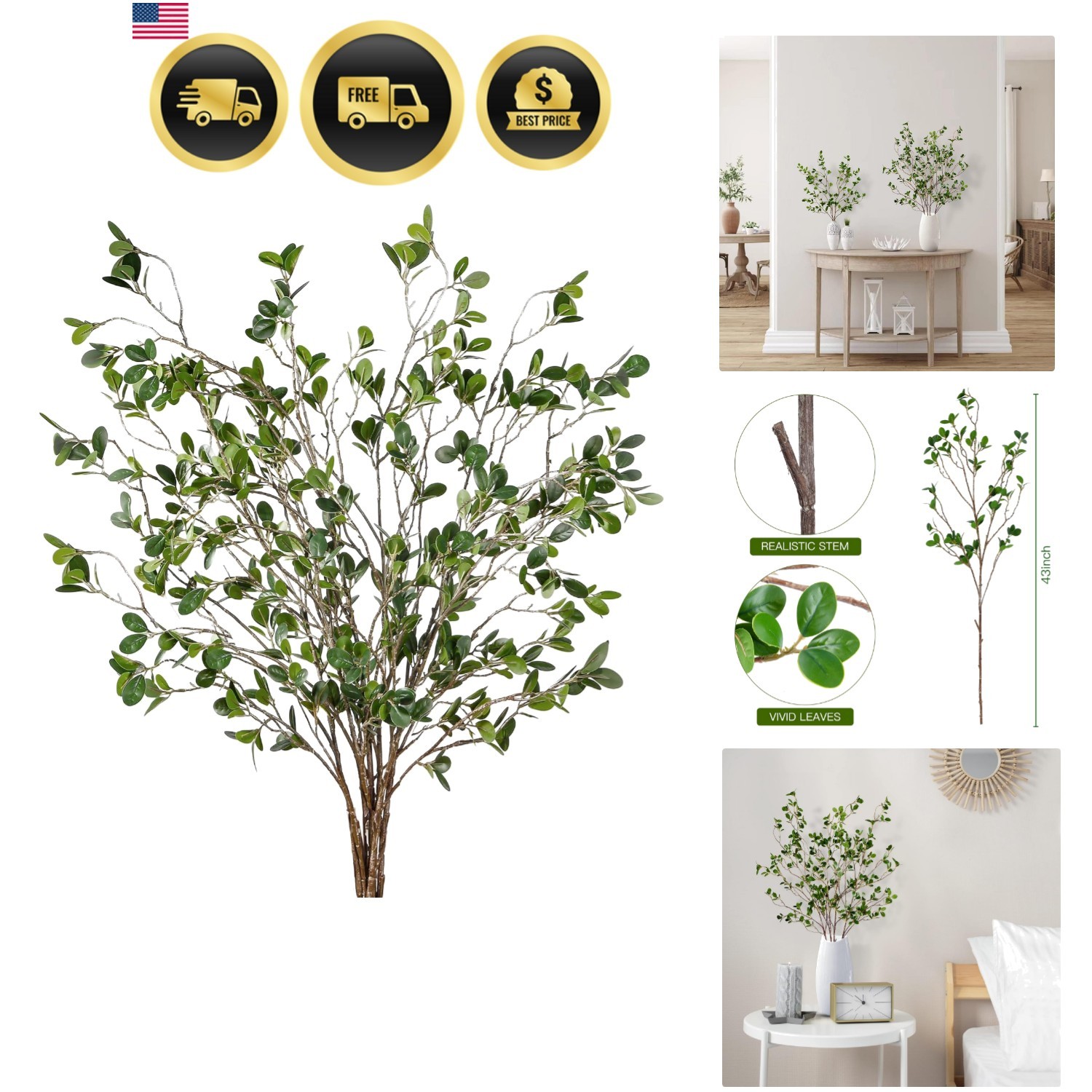 43’’ 6Pcs Artificial Ficus Branches Faux Leaf Spray Green Eucalyptus Branches…