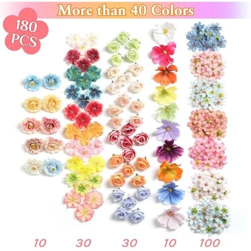 180Pcs Mini Silk Flower Heads – Multicolor Faux Roses & Daisies for DIY Crafts,