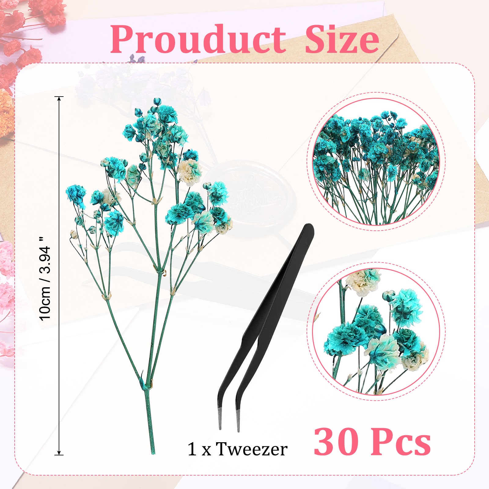 30 Pcs 4″ Dried Gypsophila Flower Mist Blue Pressed Flowers w Tweezer for DIY