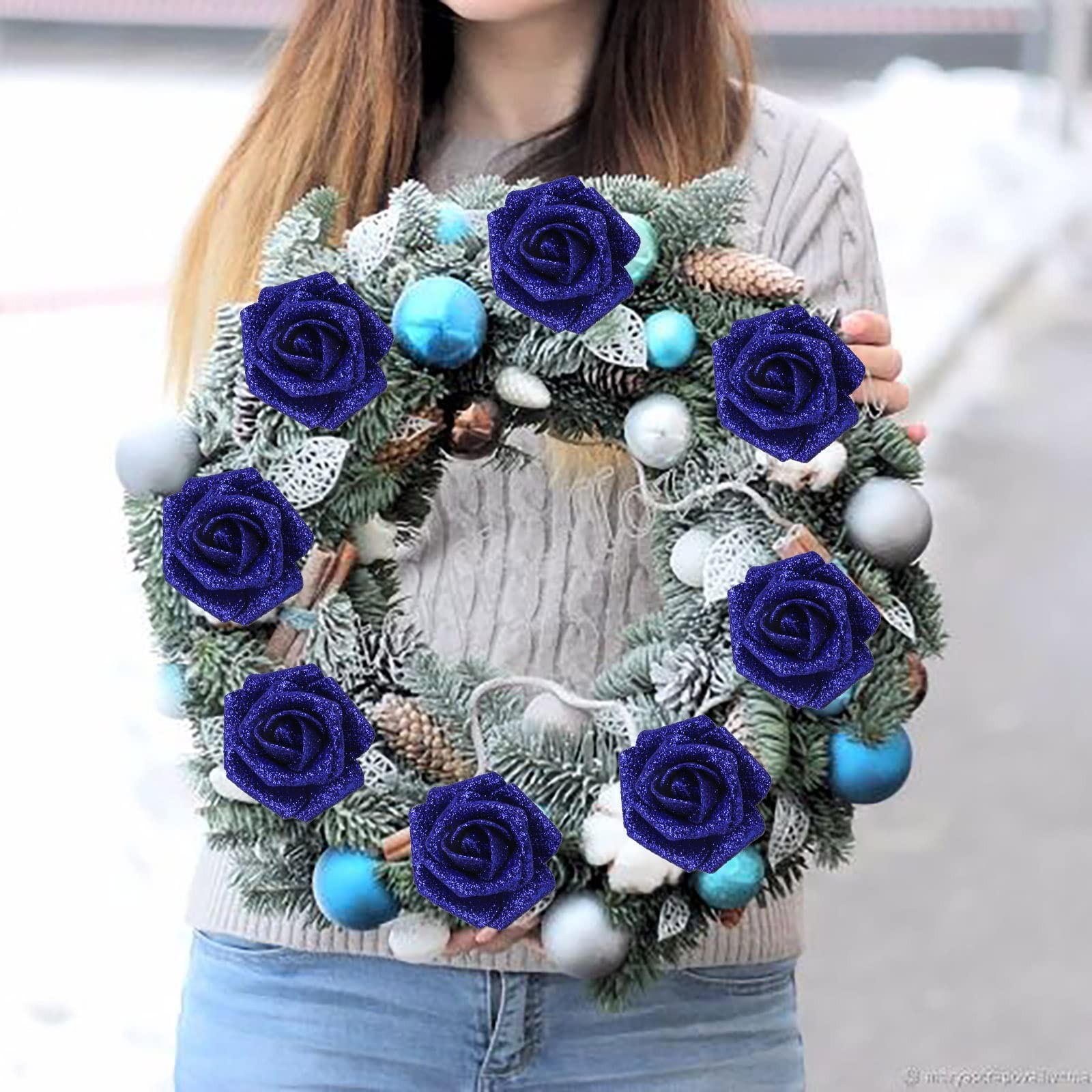 Foam Roses,50pcs Royal Blue Glitter Roses Glitter Flowers Foam Flowers with S…