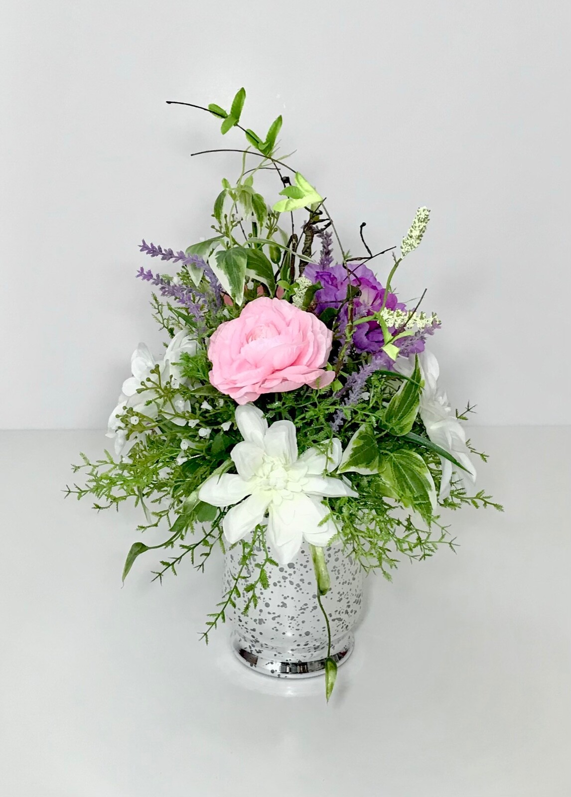 PINK PURPLE WHITE FLOWERS ARRANGEMENT MIRRORED GLASS VASE CENTERPIECE GIFT NEW