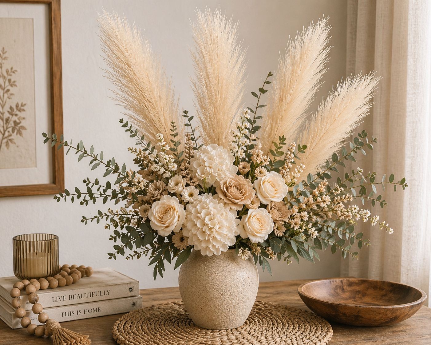 Cream Pampas Grass 3 Stem Faux Pampas Beige Boho Decor Neutral Vase Filler Farmh