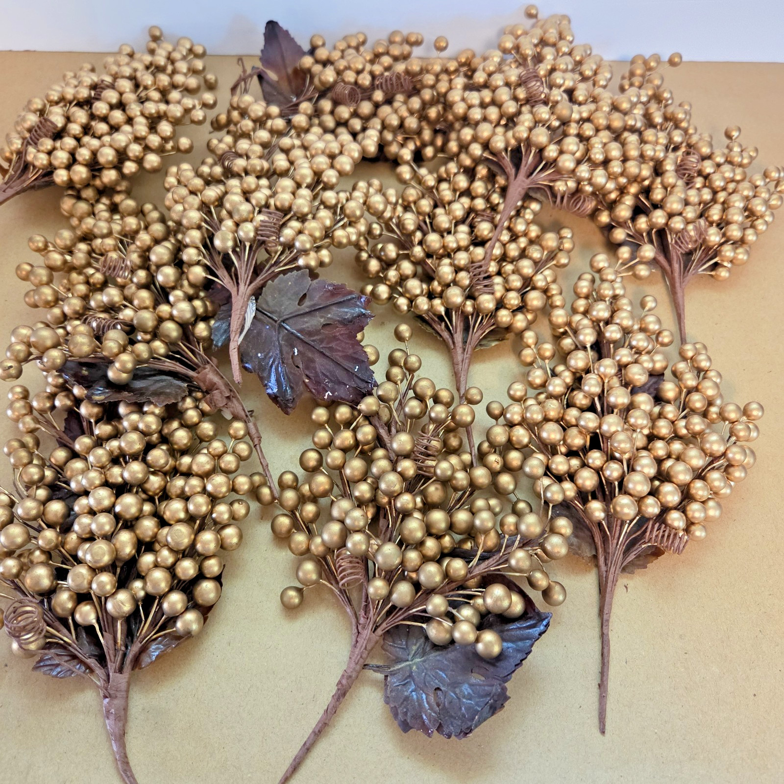 Gold Berries Vtg Leaf Pick Stems Lot of 10 Artificial Floral Holiday Craft Decor