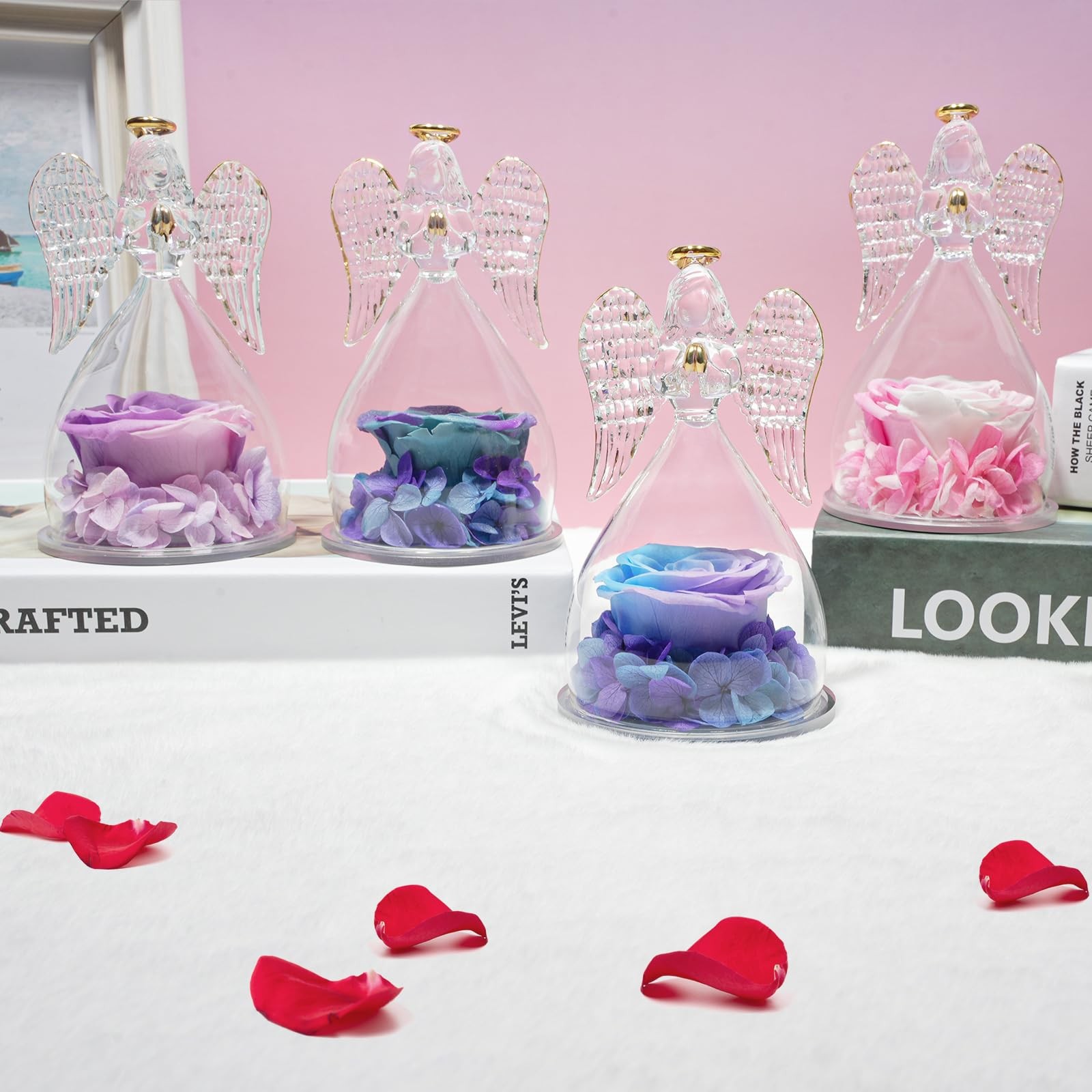 1 PCS Preserved Flowers Rose Gifts Angel Figurines Mom Birthday Anniversary