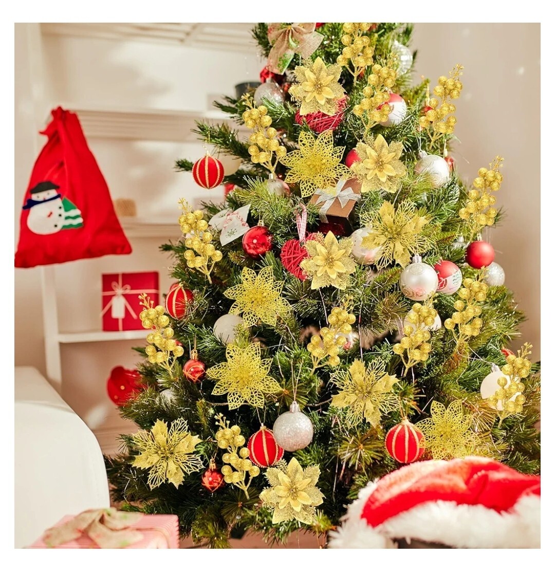 36 Pcs Christmas Gold Glitter Poinsettia Flowers Artificial Flower Ornaments NO