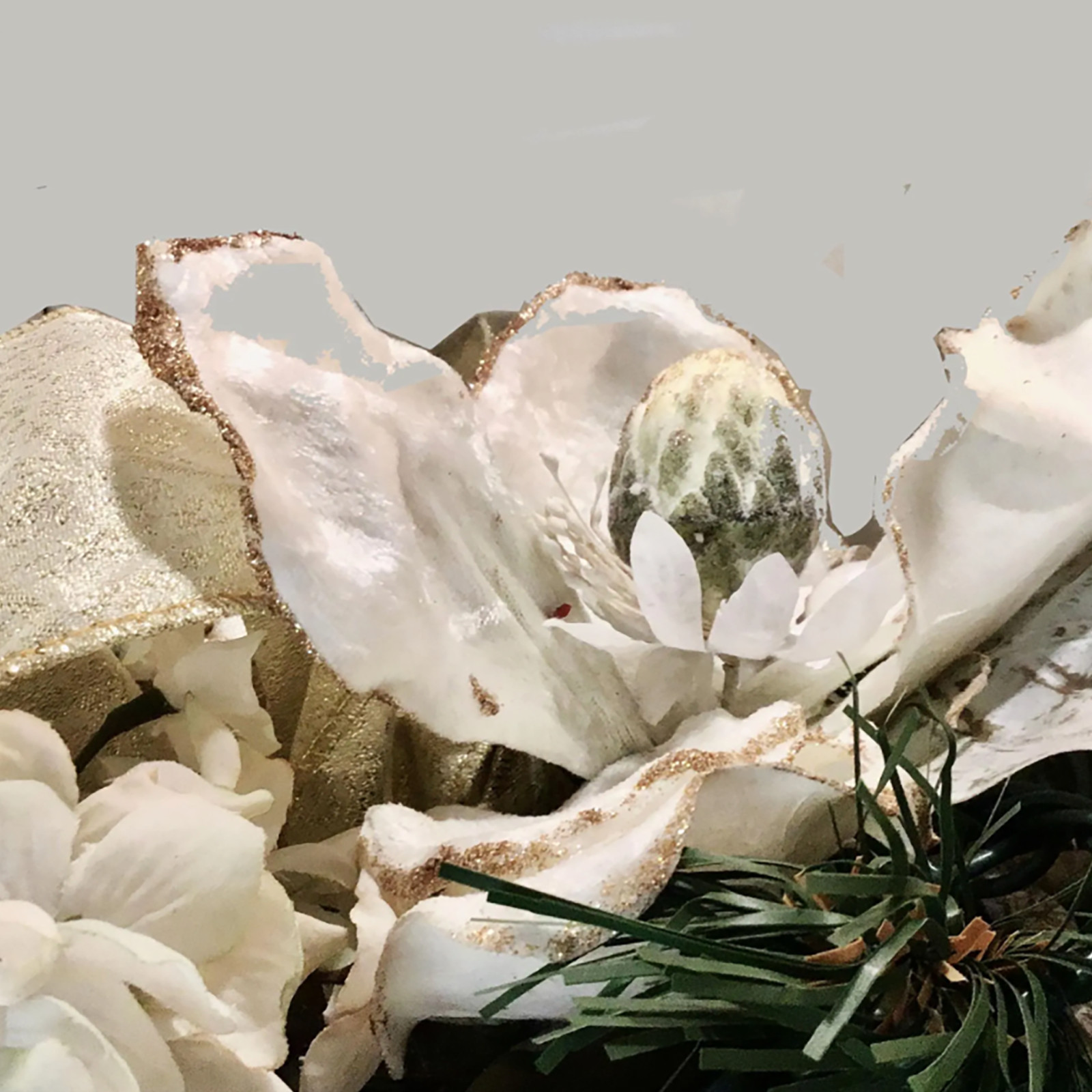 Holiday Swag with white silk Magnolias Hydrengeas Silver Glass Bubbles Gold