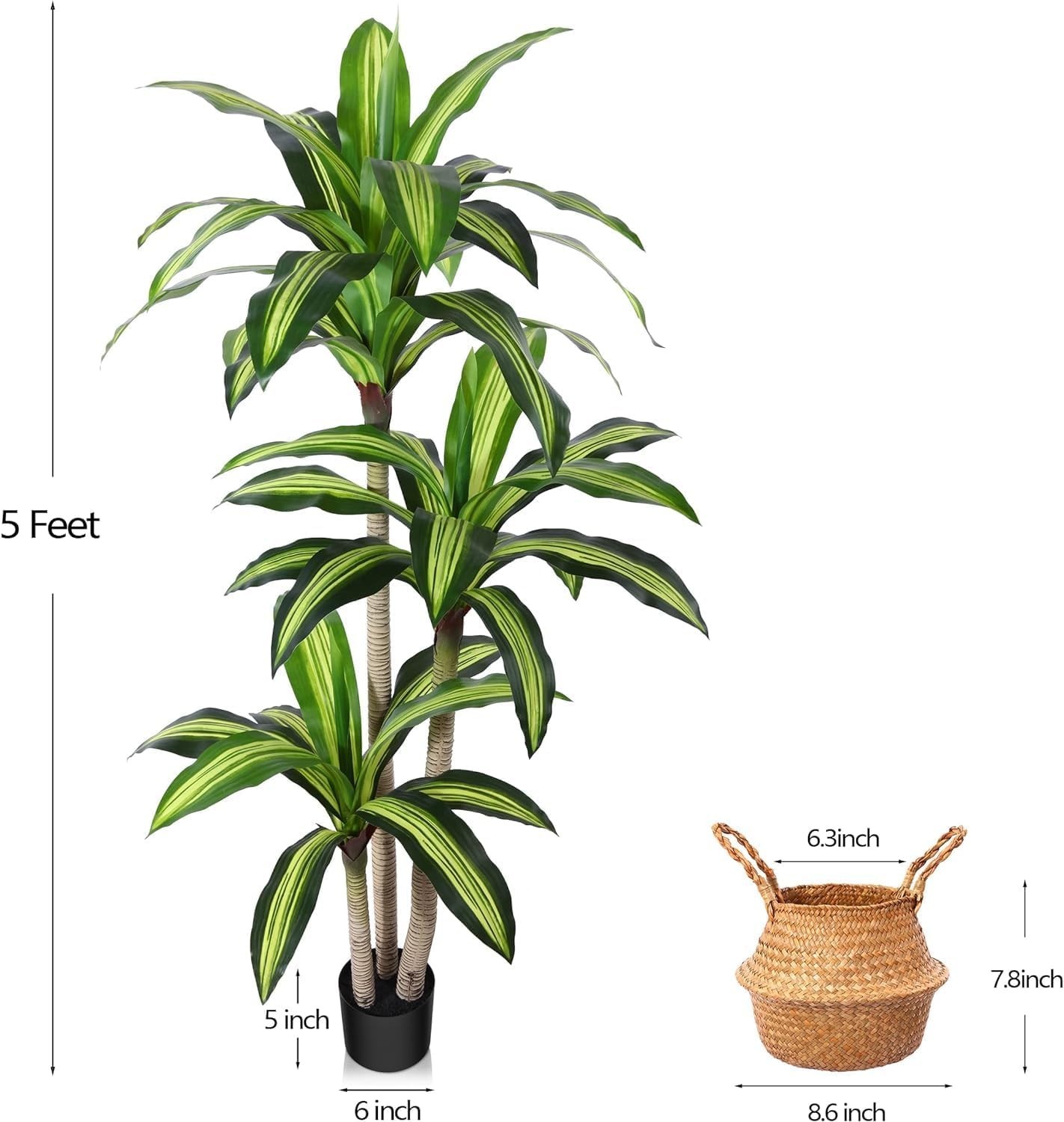 Elegant 5ft Faux Dracaena Tree in Woven Seagrass Basket – Indoor/Outdoor Decor