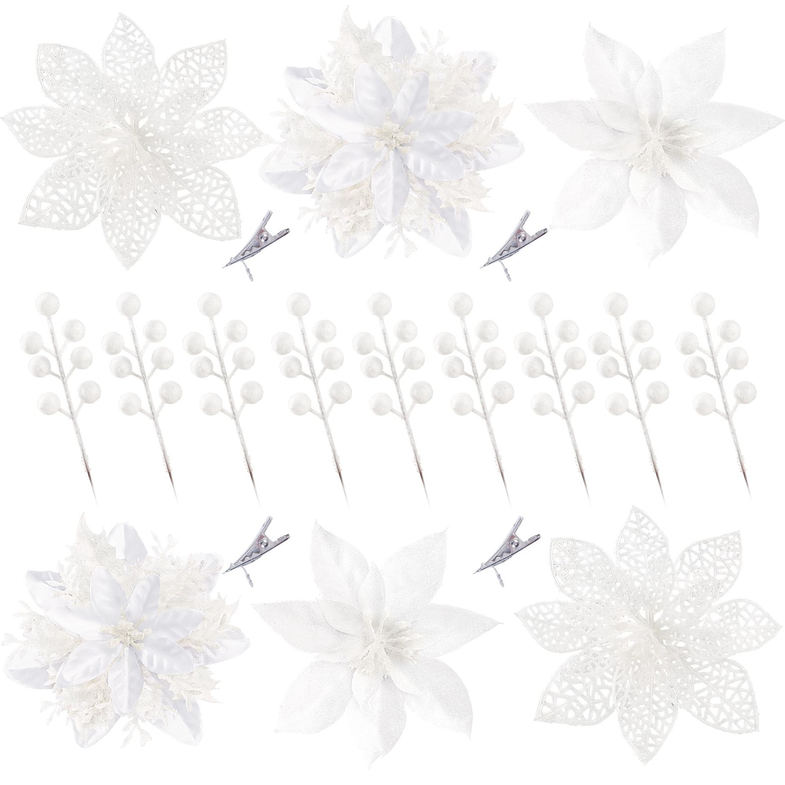 30 PCS White 3 Styles Artificial Christmas Glitter Poinsettia Flowers Picks