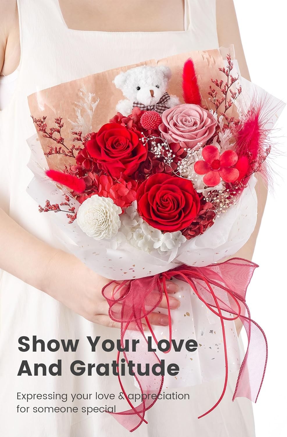 Romantic Forever Flower Arrangement Red Roses with Bear Ideal for Anniversary